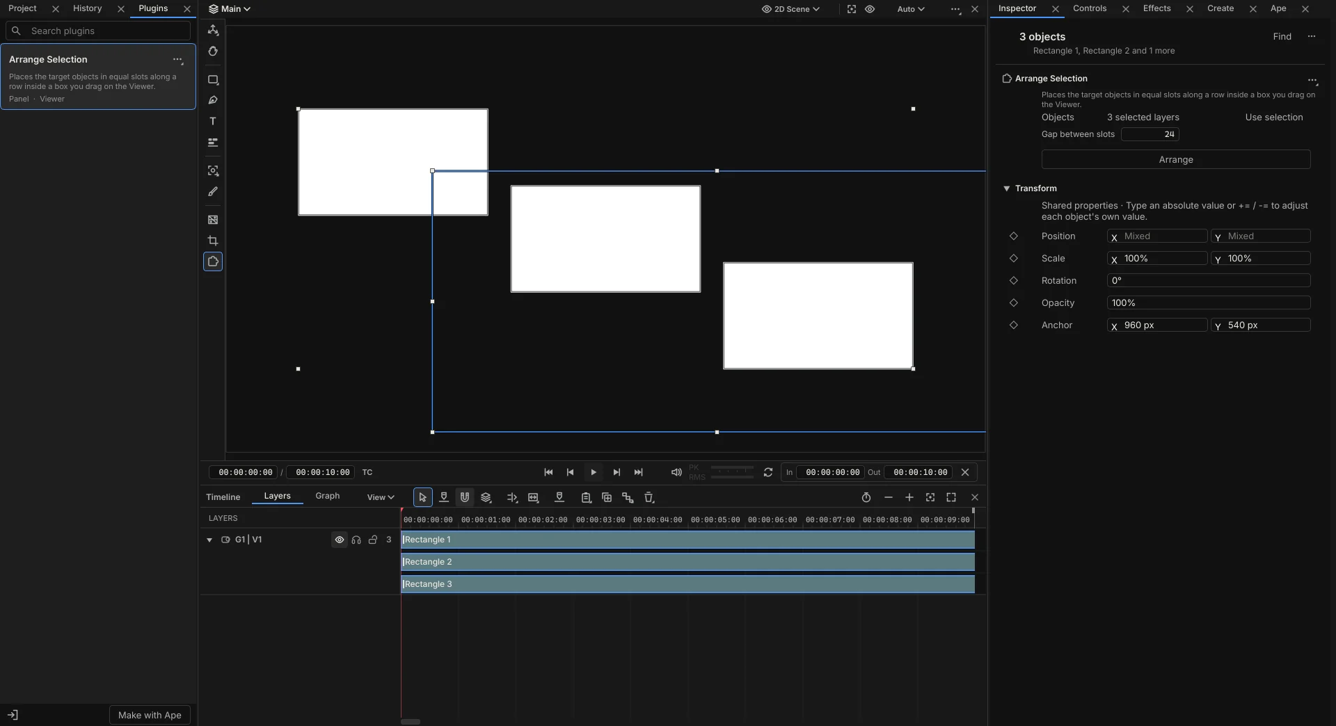 An armed plugin called Arrange Selection. Its blue box with handles is drawn on the Viewer around three rectangles, its glyph sits at the end of the tool rail, and its section in the Inspector shows Objects, 3 selected layers, Use selection, Gap between slots and an Arrange button.
